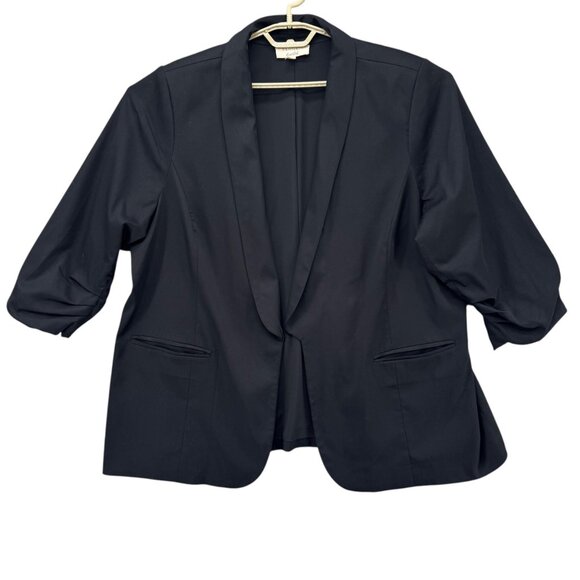 Eloquii Ruched 3/4 Sleeve Blazer Womens Black Open Front Shawl Collar Size 22 - Picture 1 of 11